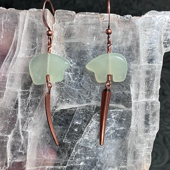 Green New Jade Serpentine Zuni Bear and Copper Dagger Dangly Earrings - Picture 6 of 7